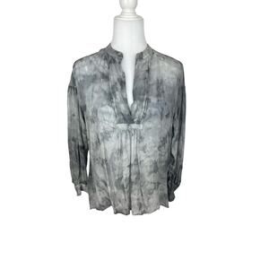 Vince Gray Watercolor Marble Shirred V-neck Silk Long Sleeve Blouse
